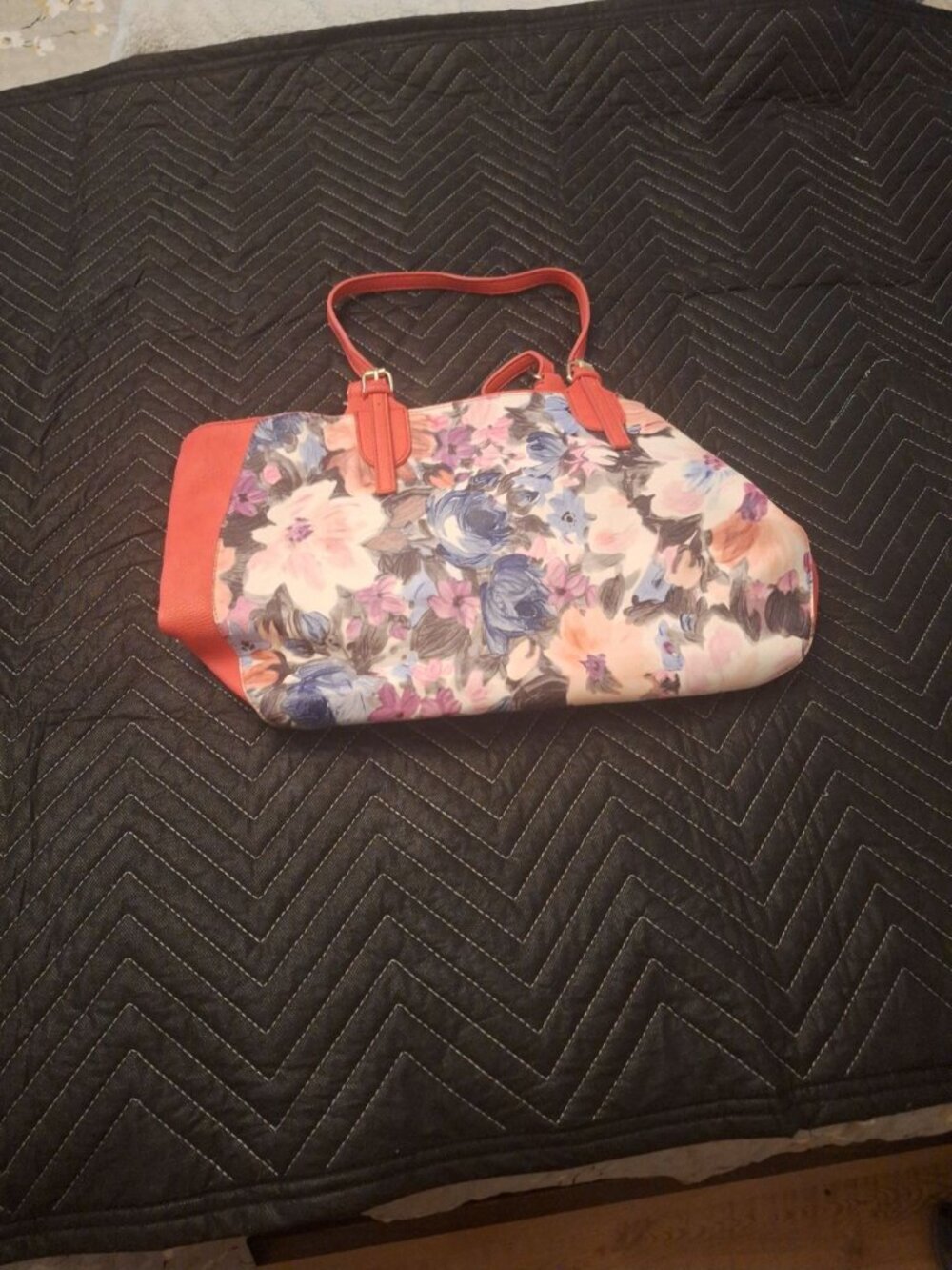 Vibrant Floral Canvas and Coral Leather Satchel Bag